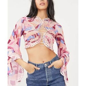 Free People Womens Eyes On You Mesh Bell Sleeve Lace Up‎ Crop Top Pink XS NWT